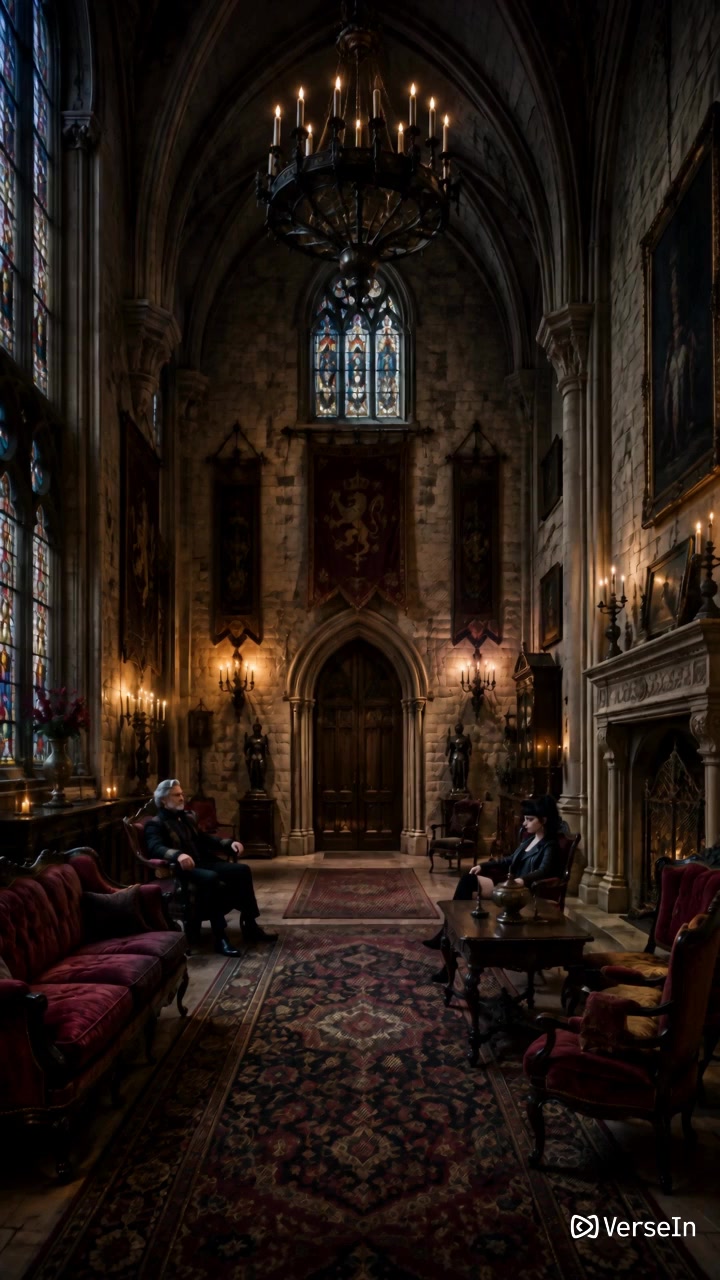 A vertical AI-generated frame of two figures seated in a candlelit gothic hall with stained glass windows and a chandelier overhead.